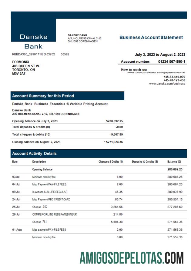 Realista Danske Bank Enterprise Statement Modelo Word e PDF